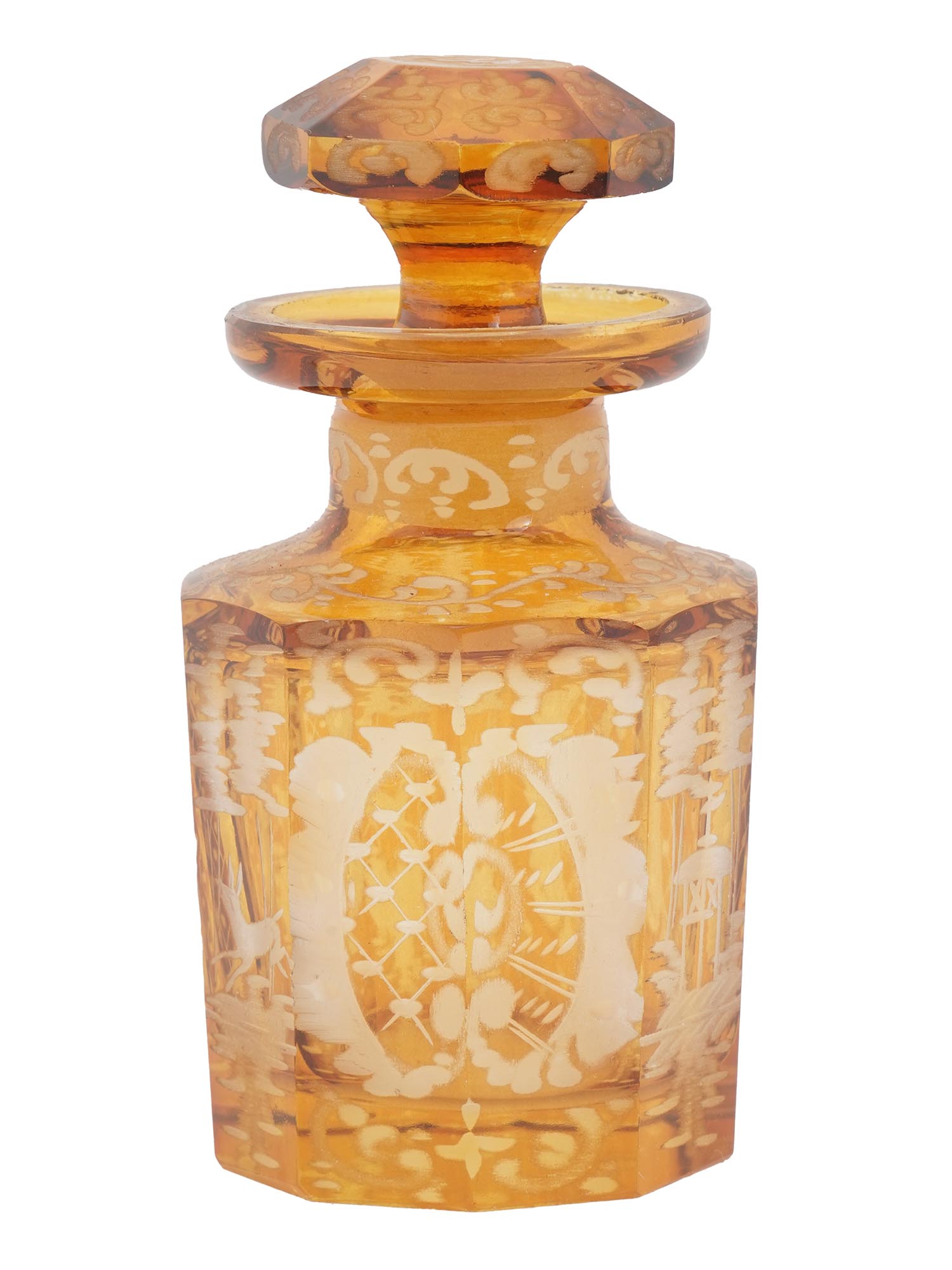 BOHEMIAN AMBER ETCHED GLASS BOTTLE WITH STOPPER PIC-0